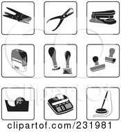 Royalty Free RF Clipart Illustration Of A Digital Collage Of Black And White Desk Item Icons