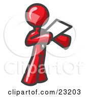 Clipart Illustration Of A Red Businessman Holding A Piece Of Paper During A Speech Or Presentation