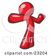 Clipart Illustration Of A Red Man Stretching His Arms And Back Or Punching The Air
