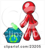 Red Man Tossing A Plastic Container Into A Recycle Bin Symbolizing Someone Doing Their Part To Help The Environment And To Be Earth Friendly