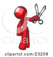 Clipart Illustration Of A Red Woman Standing And Holing Up A Pair Of Scissors