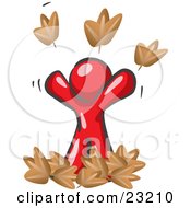 Poster, Art Print Of Carefree Red Man Tossing Up Autumn Leaves In The Air Symbolizing Happiness And Freedom