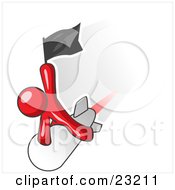 Clipart Illustration Of A Red Man Waving A Flag While Riding On Top Of A Fast Missile Or Rocket Symbolizing Success