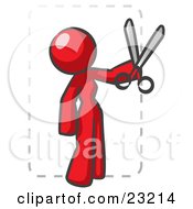 Poster, Art Print Of Red Lady Character Snipping Out A Coupon With A Pair Of Scissors Before Going Shopping