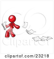 Poster, Art Print Of Red Man Dropping White Sheets Of Paper On A Ground And Leaving A Paper Trail Symbolizing Waste