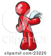 Clipart Illustration Of A Serious Red Man Reading Papers And Documents