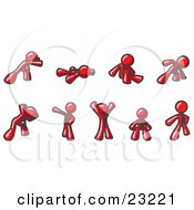 Poster, Art Print Of Red Man Doing Different Exercises And Stretches In A Fitness Gym