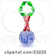 Poster, Art Print Of Red Man Standing On Top Of The Blue Planet Earth And Holding Up Three Green Arrows Forming A Triangle And Moving In A Clockwise Motion Symbolizing Renewable Energy And Recycling