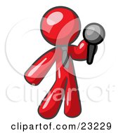 Clipart Illustration Of A Red Man A Comedian Or Vocalist Wearing A Tie Standing On Stage And Holding A Microphone While Singing Karaoke Or Telling Jokes by Leo Blanchette