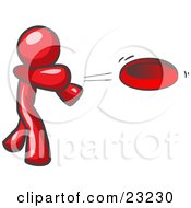 Clipart Illustration Of A Red Man Tossing A Red Flying Disc Through The Air For Someone To Catch