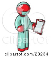 Poster, Art Print Of Red Surgeon Man In Green Scrubs Holding A Pen And Clipboard