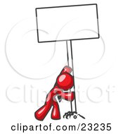 Poster, Art Print Of Strong Red Man Pushing A Blank Sign Upright