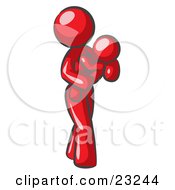 Clipart Illustration Of A Red Woman Carrying Her Child In Her Arms Symbolizing Motherhood And Parenting