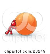 Strong Red Business Man Pushing An Orange Sphere