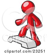 Poster, Art Print Of Red Man Doing Step Ups On An Aerobics Platform While Exercising