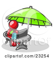 Poster, Art Print Of Traveling Red Business Man Sitting Under An Umbrella At A Table Using A Laptop Computer