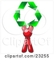 Poster, Art Print Of Red Man Holding Up Three Green Arrows Forming A Triangle And Moving In A Clockwise Motion Symbolizing Renewable Energy And Recycling