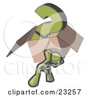 Clipart Illustration Of An Olive Green Man Carrying A Heavy Question Mark In A Box