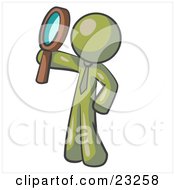 Clipart Illustration Of An Olive Green Man Holding Up A Magnifying Glass And Peering Through It While Investigating Or Researching Something