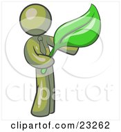 Clipart Illustration Of An Olive Green Man Holding A Green Leaf Symbolizing Gardening Landscaping Or Organic Products