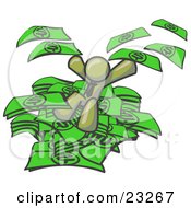 Clipart Illustration Of An Olive Green Business Man Jumping In A Pile Of Money And Throwing Cash Into The Air