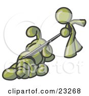 Clipart Illustration Of An Olive Green Man Walking A Dog That Is Pulling On A Leash