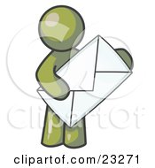 Olive Green Person Standing And Holding A Large Envelope Symbolizing Communications And Email