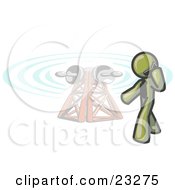 Clipart Illustration Of An Olive Green Businessman Talking On A Cell Phone A Communications Tower In The Background