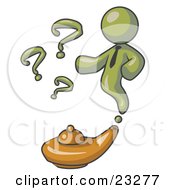 Clipart Illustration Of An Olive Green Genie Man Emerging From A Golden Lamp With Question Marks