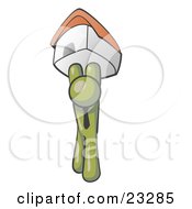 Olive Green Man Holding Up A House Over His Head Symbolizing Home Loans And Realty