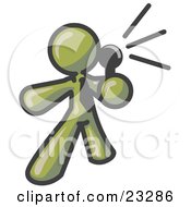 Clipart Illustration Of An Olive Green Man Holding A Megaphone And Making An Announcement by Leo Blanchette
