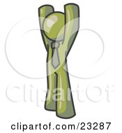 Clipart Illustration Of An Olive Green Man Standing With His Arms Above His Head