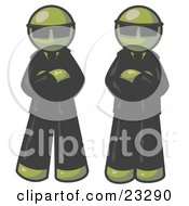 Two Olive Green Men Standing With Their Arms Crossed Wearing Sunglasses And Black Suits