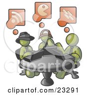 Clipart Illustration Of Three Olive Green Men Using Laptops In An Internet Cafe