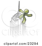 Clipart Illustration Of An Olive Green Man Climbing To The Top Of A Skyscraper Tower Like King Kong Success Achievement