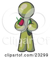 Healthy Olive Green Man Carrying A Fresh And Organic Apple And Cucumber