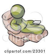 Clipart Illustration Of A Chubby And Lazy Olive Green Man With A Beer Belly Sitting In A Recliner Chair With His Feet Up