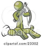 Clipart Illustration Of An Olive Green Man A Hunter Holding A Bow And Arrow Over A Dead Buck Deer