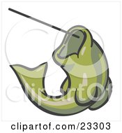 Clipart Illustration Of An Olive Green Fish Jumping Up And Biting A Hook On A Fishing Line