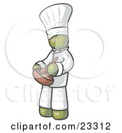 Olive Green Baker Chef Cook In Uniform And Chefs Hat Stirring Ingredients In A Bowl