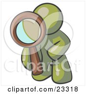 Clipart Illustration Of An Olive Green Man Kneeling On One Knee To Look Closer At Something While Inspecting Or Investigating