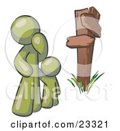 Poster, Art Print Of Uncertain Olive Green Man And Child Standing At A Wooden Post Trying To Decide Which Direction To Go At A Crossroads