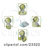 Group Of Four Olive Green Men Holding A Phone Meeting And Wearing Wireless Bluetooth Headsets