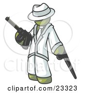 Olive Green Gangster Man Carrying A Gun And Leaning On A Cane
