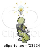 Clipart Illustration Of A Smart Olive Green Man Seated With His Legs Crossed Brainstorming And Writing Ideas Down In A Notebook Lightbulb Over His Head