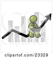 Poster, Art Print Of Olive Green Man Using A Laptop Computer Riding The Increasing Arrow Line On A Business Chart Graph