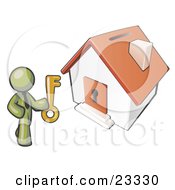Olive Green Businessman Holding A Skeleton Key And Standing In Front Of A House With A Coin Slot And Keyhole