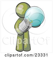 Poster, Art Print Of Olive Green Man Holding A Glass Electric Lightbulb Symbolizing Utilities Or Ideas