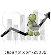 Olive Green Man Conducting Business On A Laptop Computer On An Arrow Moving Upwards In Front Of A Bar Graph Symbolizing Success