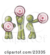 Group Of Three Olive Green Men Holding Red Targets In Different Positions